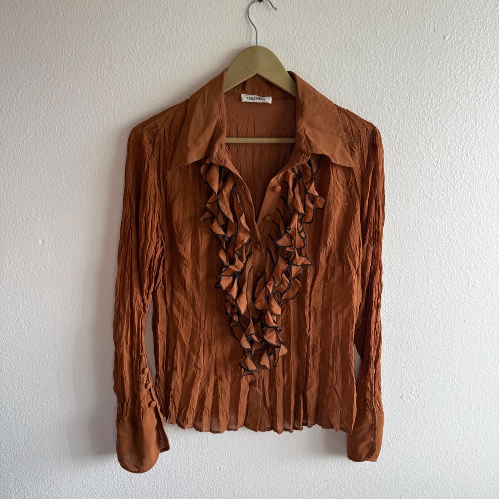 Vintage Y2K Kaelyn-Max Size Large Orange Crinkle Mesh Ruffle Neck Top Peasant